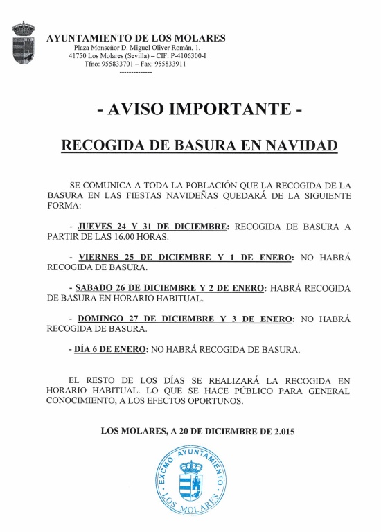 ANUNCIO RECOGIDA BASURA NAVIDAD 2015