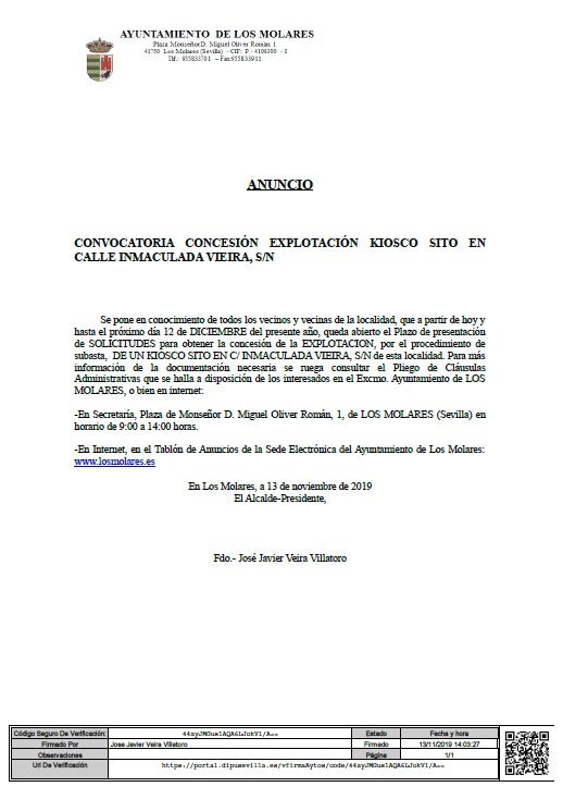 ANUNCIO kiosco Inmaculada Vieira