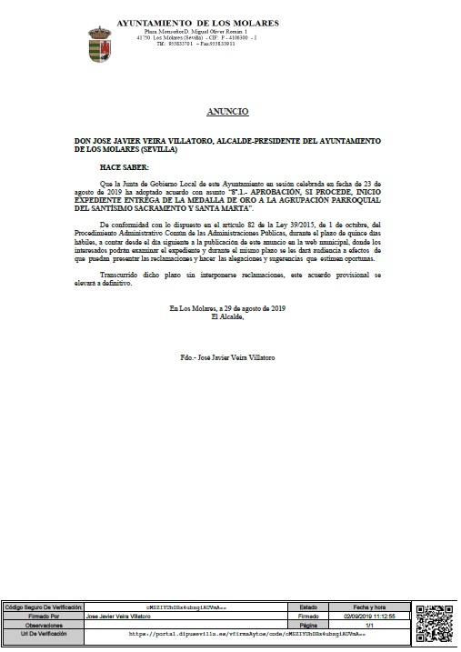 ANUNCIO MEDALLA ORO SANTA MARTA