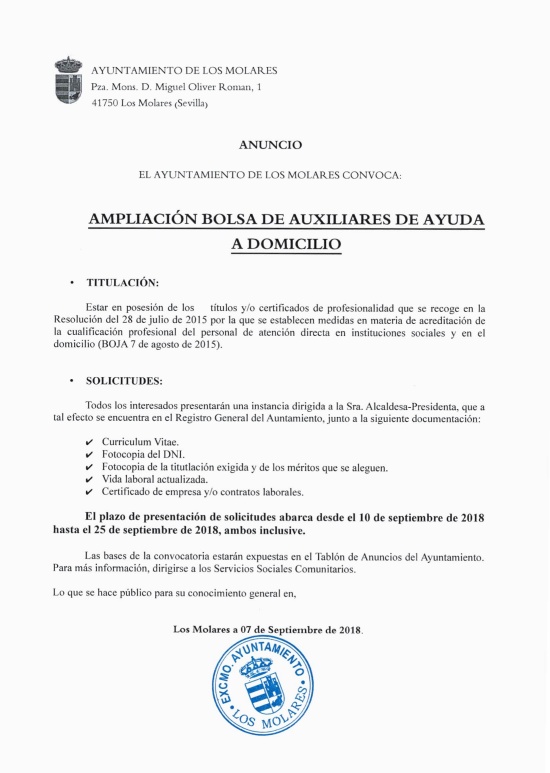 Ampliación bolsa auxiliares a domicilio
