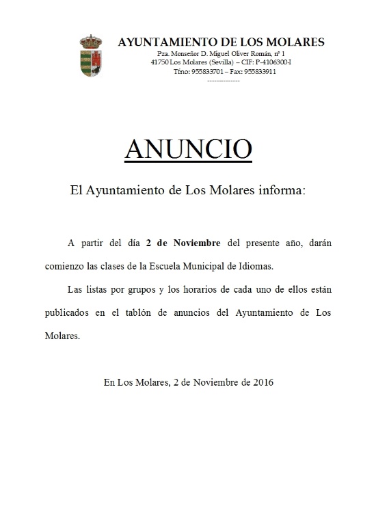 Anuncio comienzo clases Escuela Idiomas