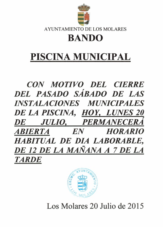 Apertura piscina lunes 20 julio