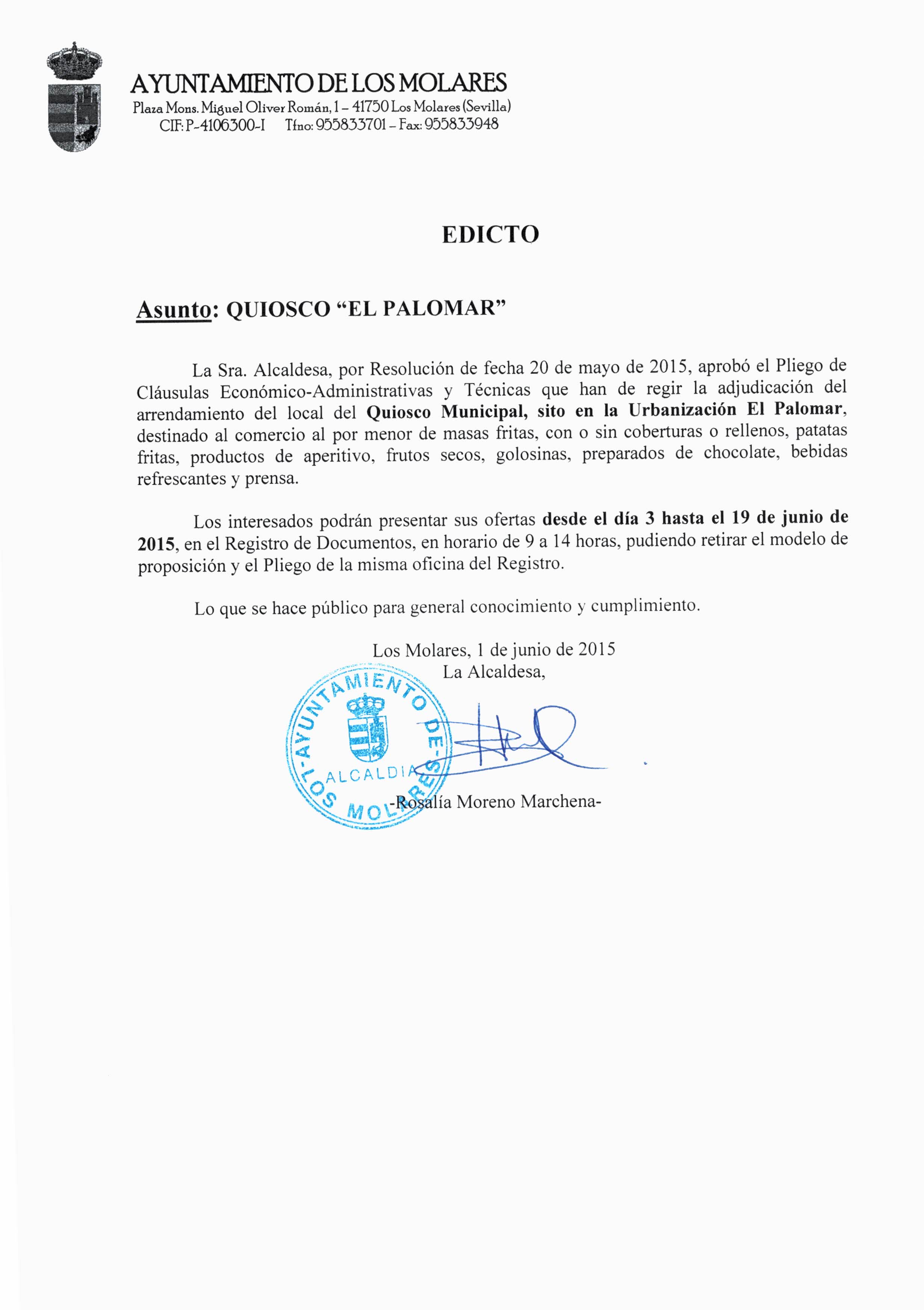 EDICTO KIOSCO EL PALOMAR