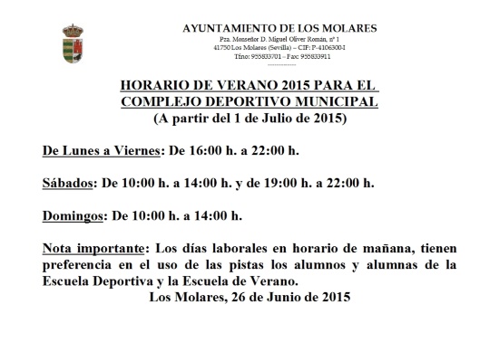 Horario Verano Complejo Deportivo 2015