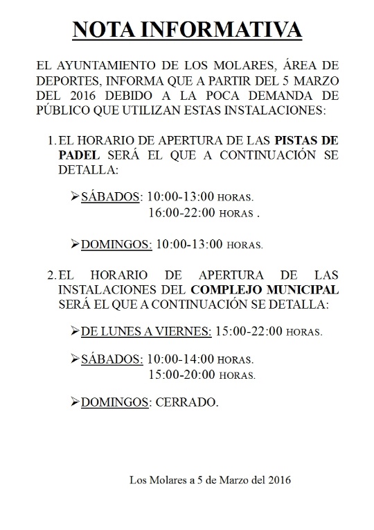 NO APERTURA PISTAS PADEL