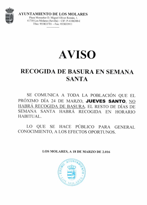 RECOGIDA BASUAS SEMANA SANTA