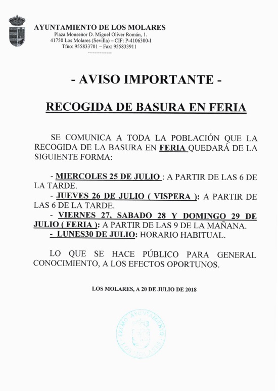 RECOGIDA BASURA FERIA 2018