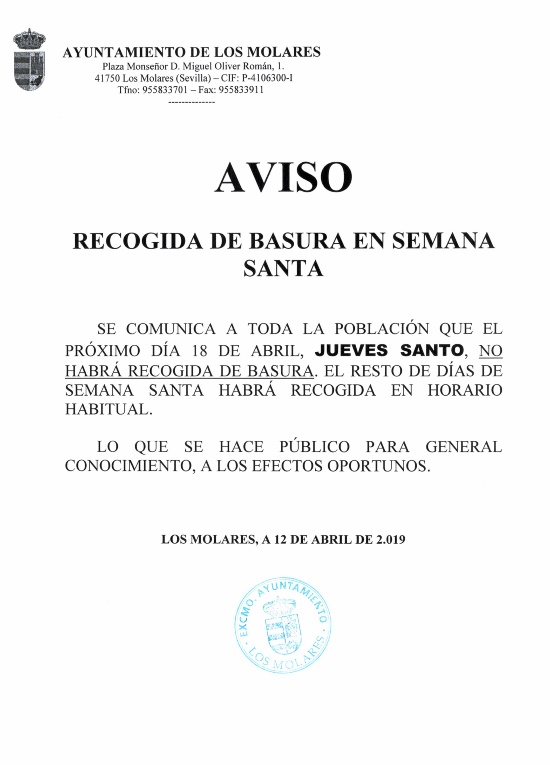 RECOGIDA BASURA SEMANA SANTA 2019