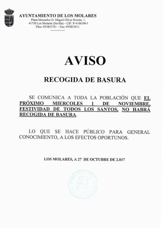 Recogida basura 1 noviembre